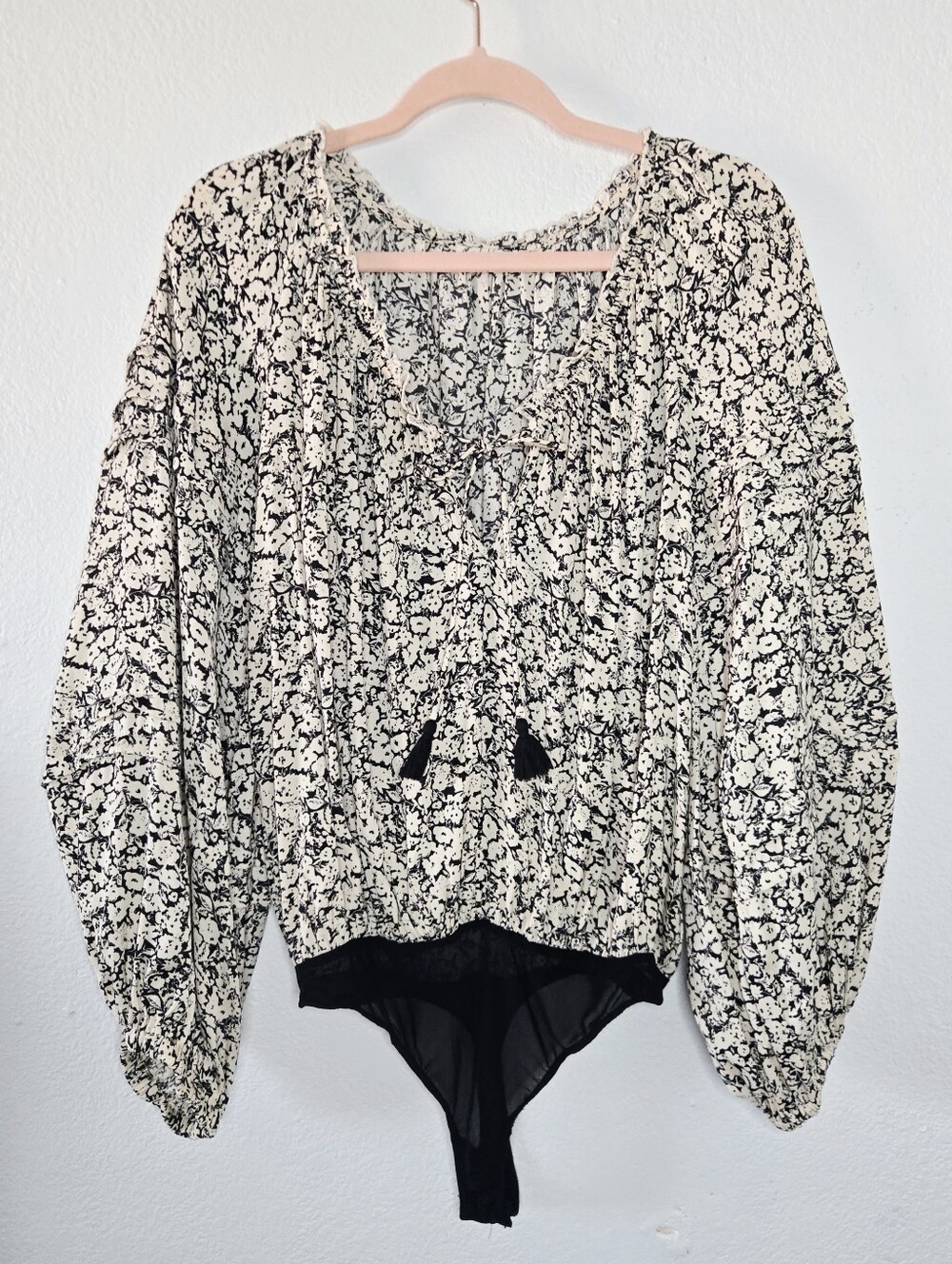 Intimately Free People Peasant Tasseled Floral Thong Bodysuit Cream Black Small